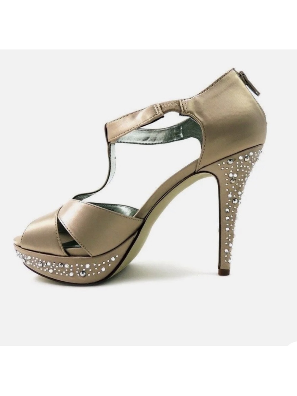 Style & Co. Champagne T-Strap Platform Heels with Crystal Embellishment